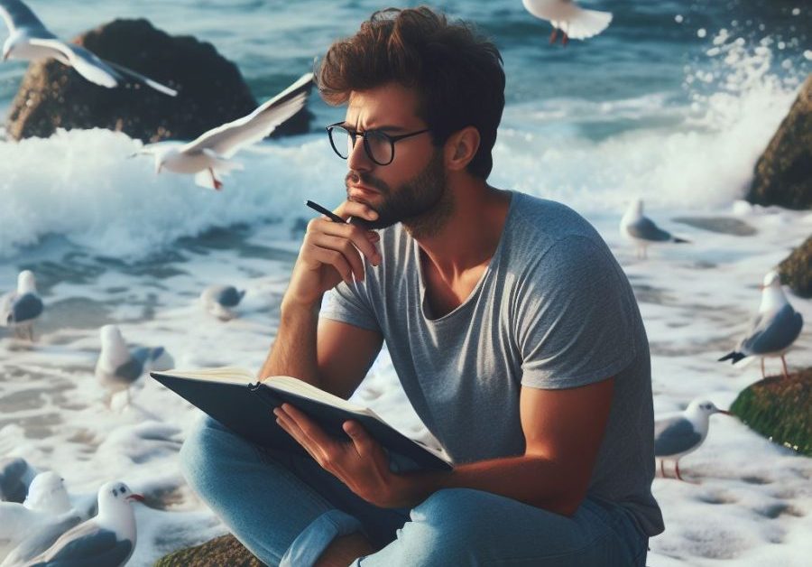 a man sitting on a rock with a pen and a book in front of the ocean practicing self-discipline by avoiding distractions and focusing on tasks for personal growth.